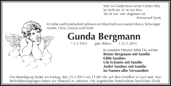 Traueranzeige von Gunda Bergmann von Pegnitz-Zeitung